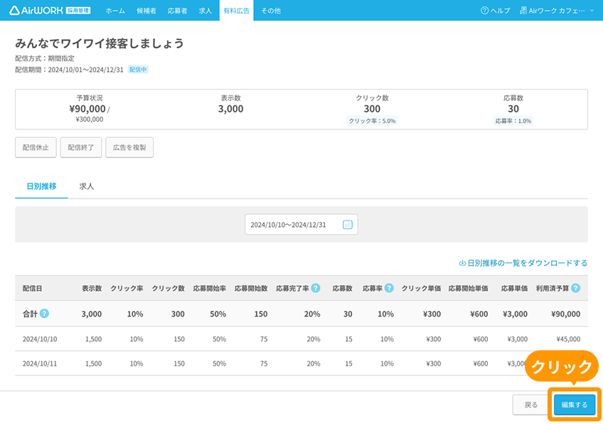 有料広告詳細画面の「編集する」がフォーカスされている