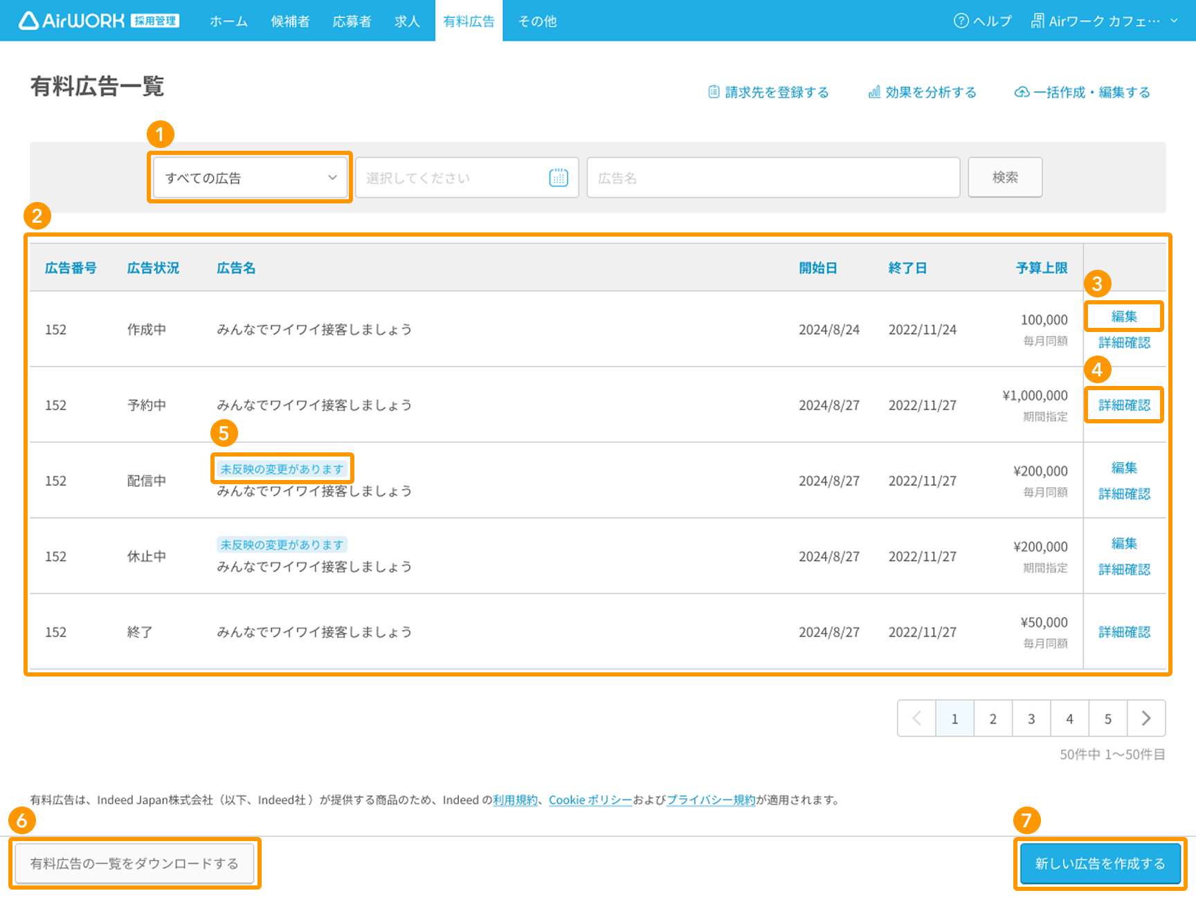 有料広告一覧画面の各項目が採番されている