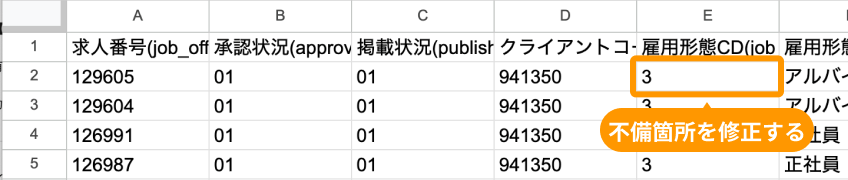 Googleスプレッドシートの「不備箇所」がフォーカスされている