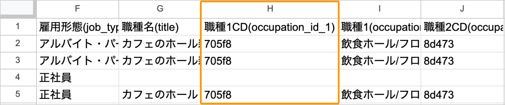 csvファイルのH列がフォーカスされている
