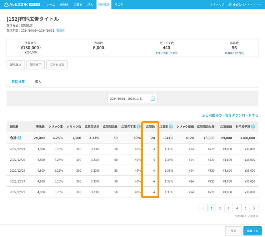 有料広告詳細画面の「応募数」がフォーカスされている