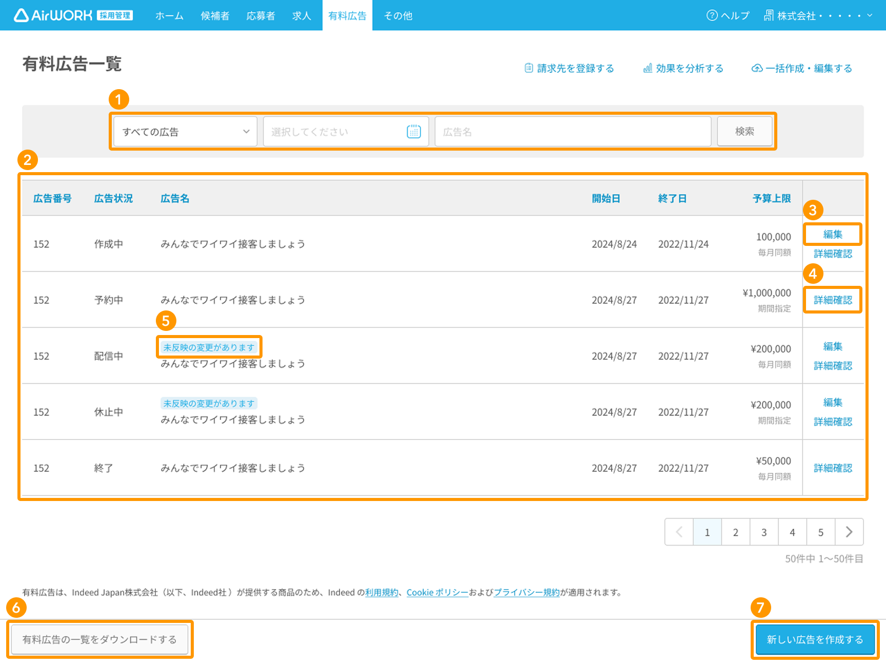 有料広告一覧画面の各項目が採番されている