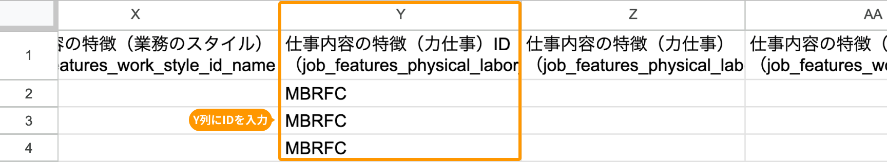 Y列の「仕事内容の特徴（力仕事）ID（job_features_physical_labor_id）」がフォーカスされている