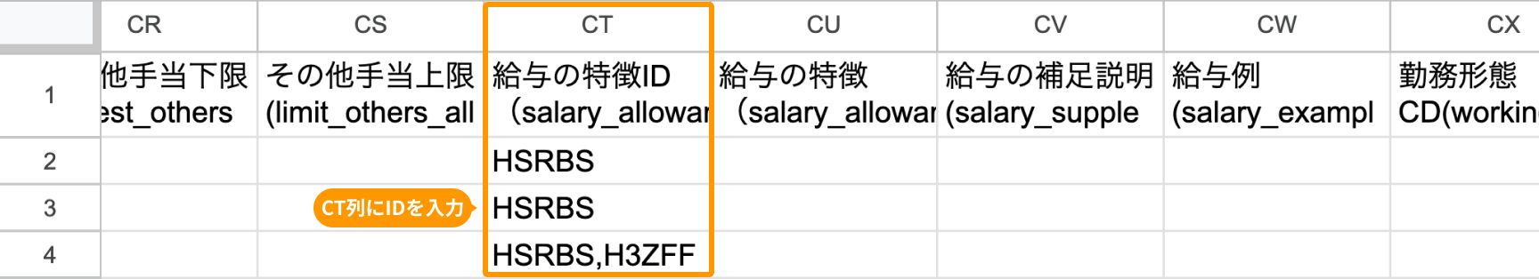 CT列の「給与の特徴ID（salary_allowance_id）」がフォーカスされている