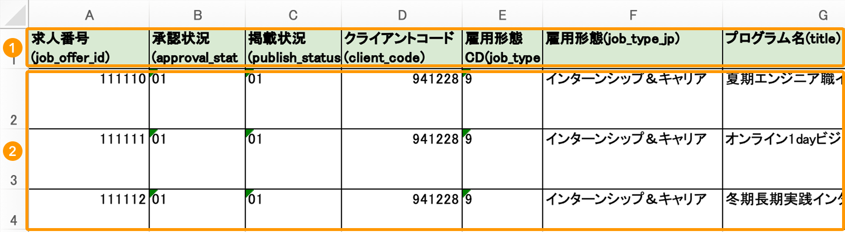 エクセルファイルの項目（1行目）と入力形式（2行目以降）がフォーカスされている
