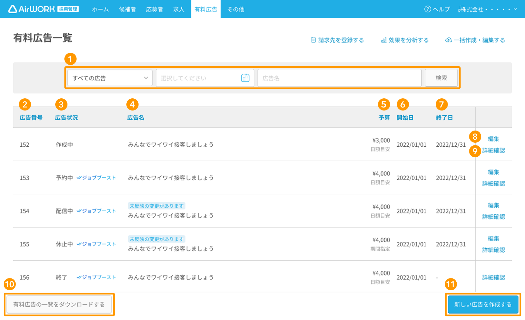 有料広告一覧画面の各項目が採番されている