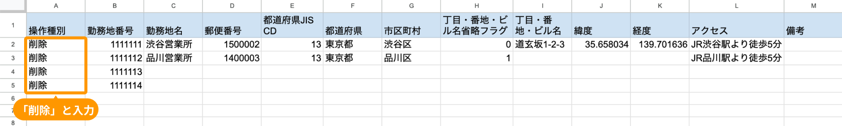ファイルに削除する場合の例が入力されている