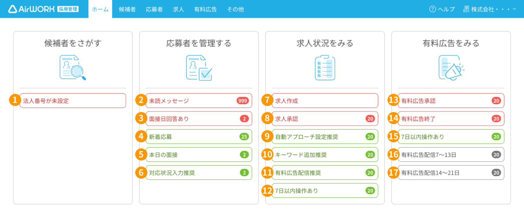 ホーム画面の各通知ラベルが採番されている