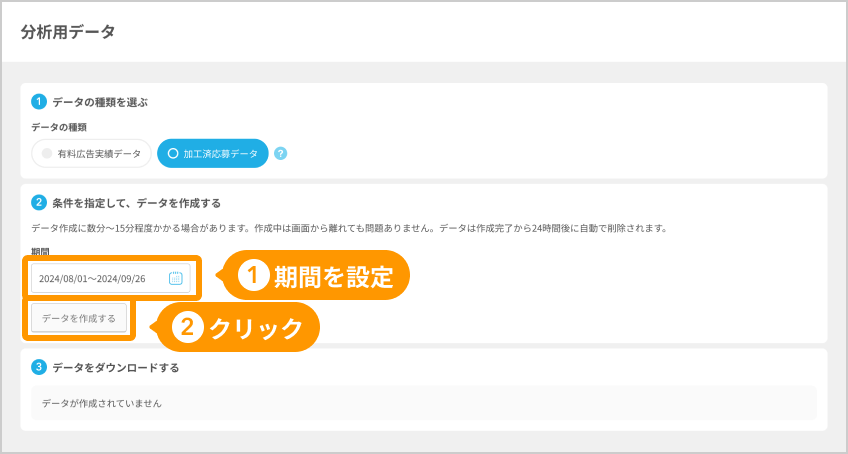 分析用データ画面の「期間」と「データを作成する」ボタンがフォーカスされている